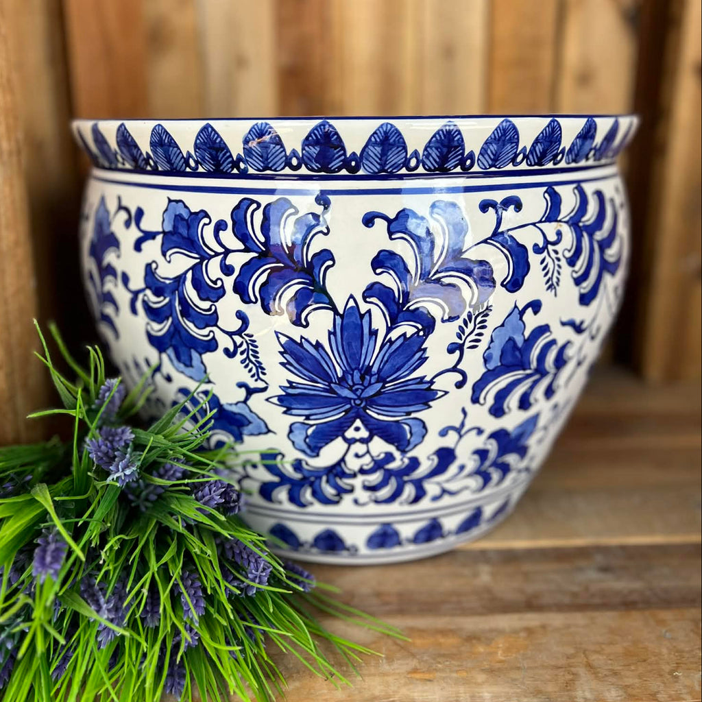 Blue & White Hamptons Floral Planter