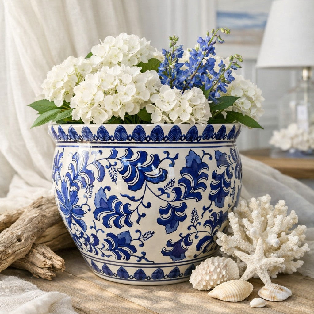 Blue & White Hamptons Floral Planter
