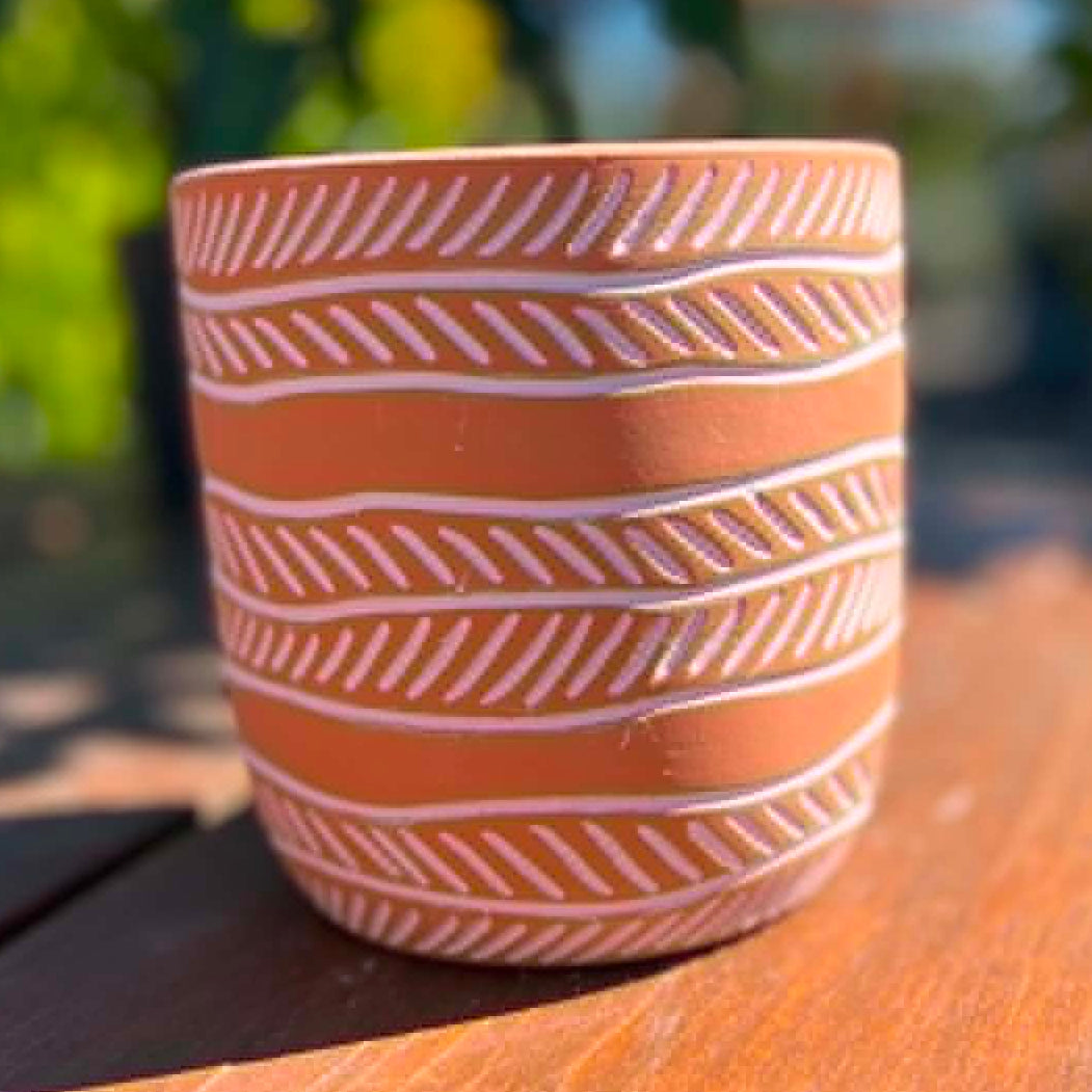 Terracotta White Leaf Stripe Pot